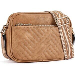 Bostanten Women Camel PU leather Small Quilted Crossbody Bags With Wide Strap